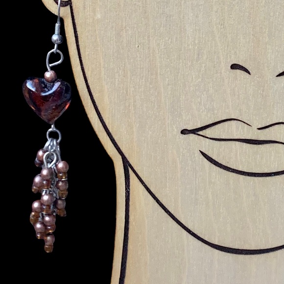 Amber Glass Heart & Glass Bead Cluster Dangle Pierced Earring Woman’s Jewelry - Picture 6 of 11